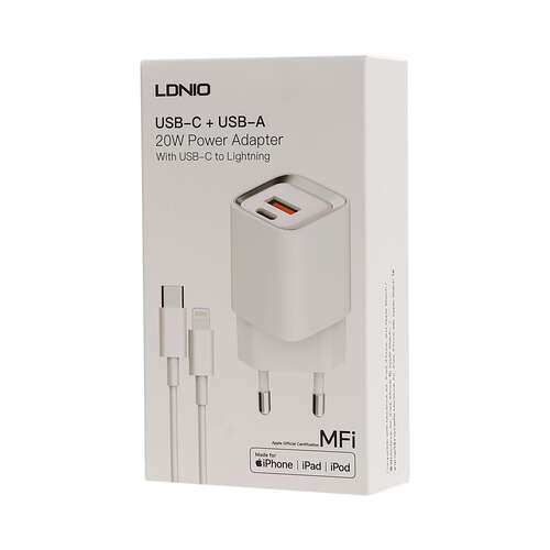 Универсальное зарядное устройство LDNIO A2318M MFI 20W USB-А, USB-C Белый-0