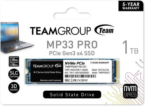 Твердотельный накопитель Team Group MP33 PRO, 1Tb, 2280, PCI-E 3.x x4, чтение - 2100 Мбайт/сек, запись - 1700 Мбайт/сек,